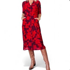 EUC Cabi floral mesh midi button down shirt dress in red and burgundy Size Small
